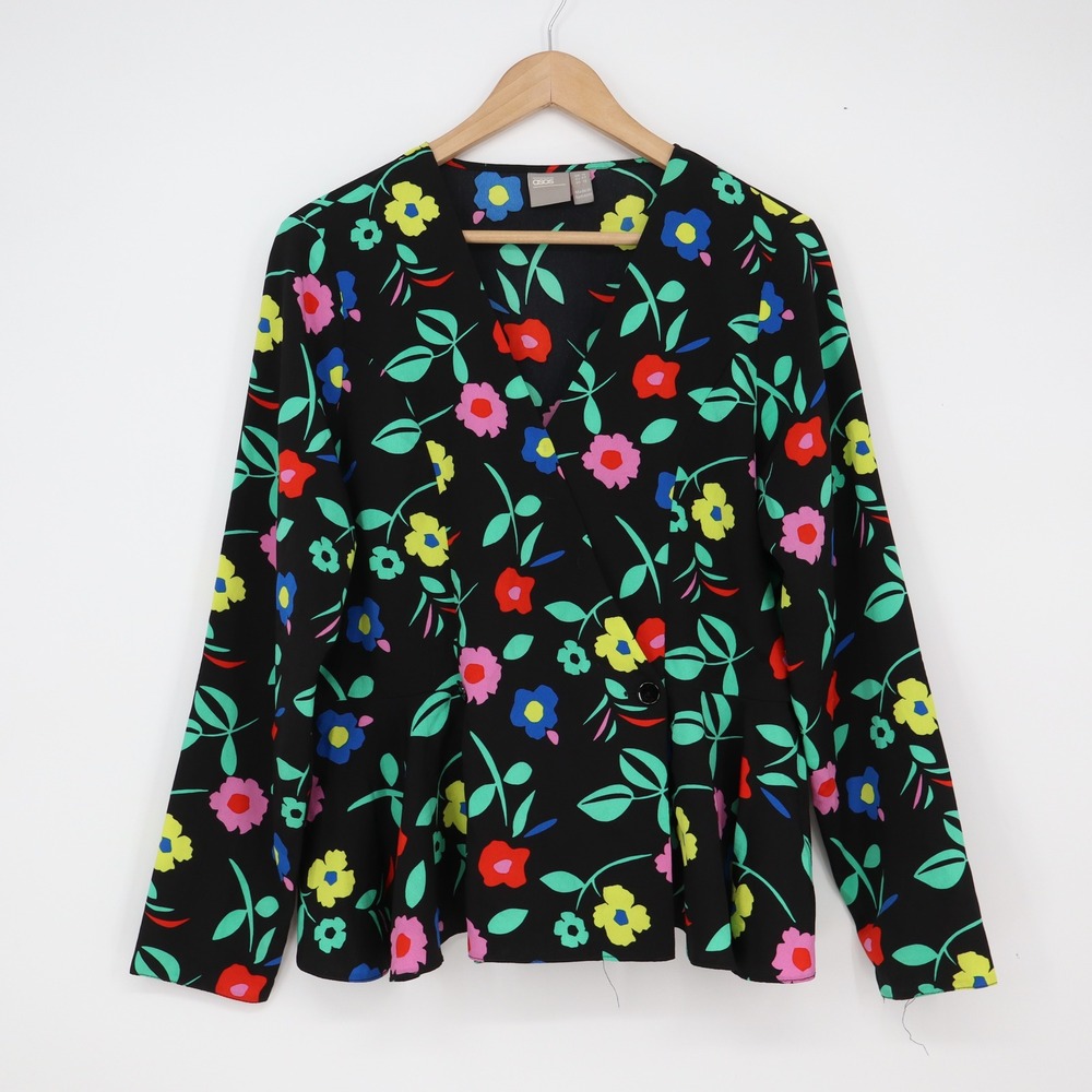 ASOS Blouse Women's 12 Wrap Peplum Black Floral Long Sleeve Excellent